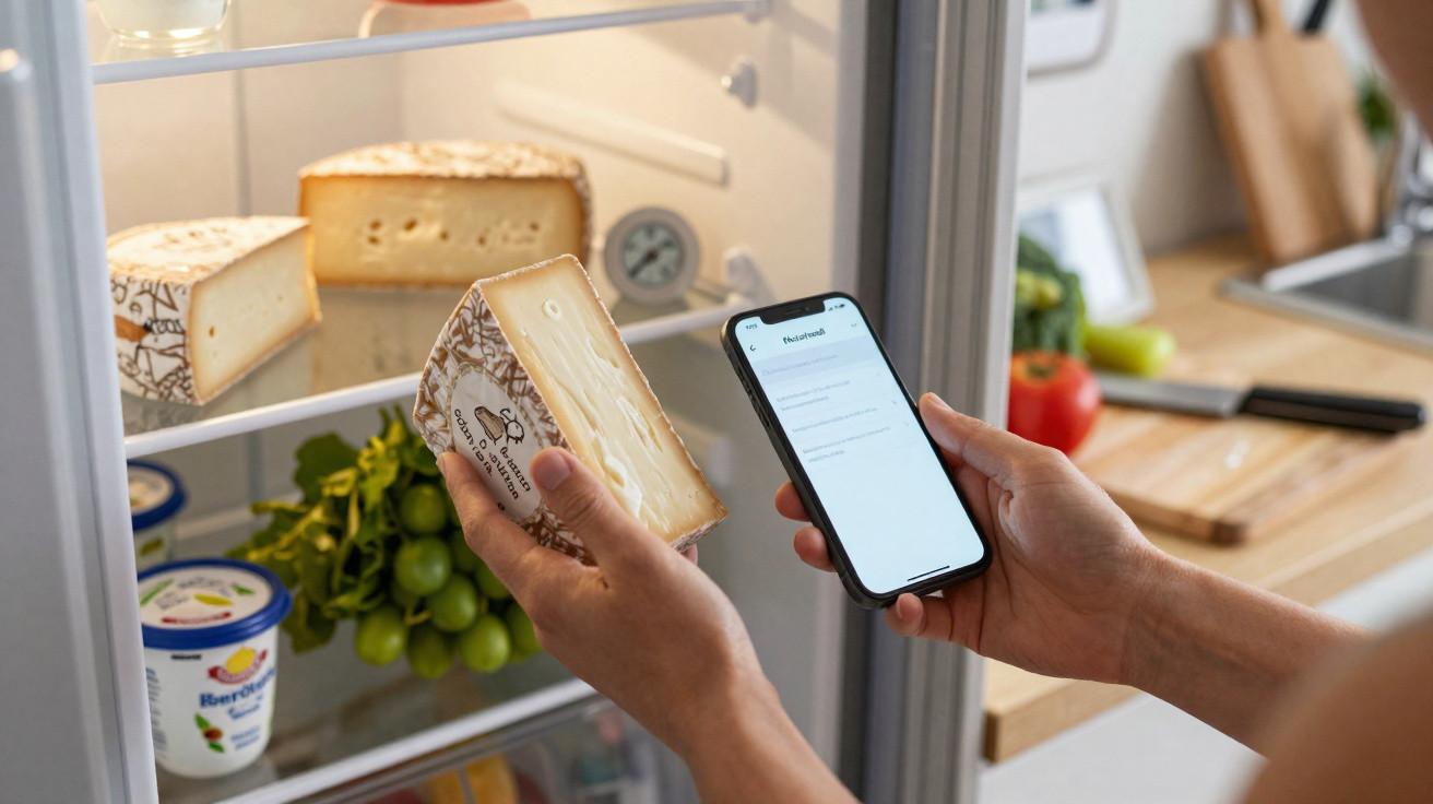 Person hält Käse und Smartphone vor offenem Kühlschrank mit Lebensmitteln in moderner Küche