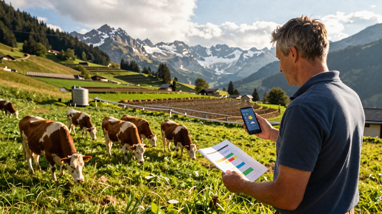 Mann auf Almwiese mit Kühen hält Smartphone und Papier mit Diagrammen, Berge im Hintergrund bei sonnigem Wetter.