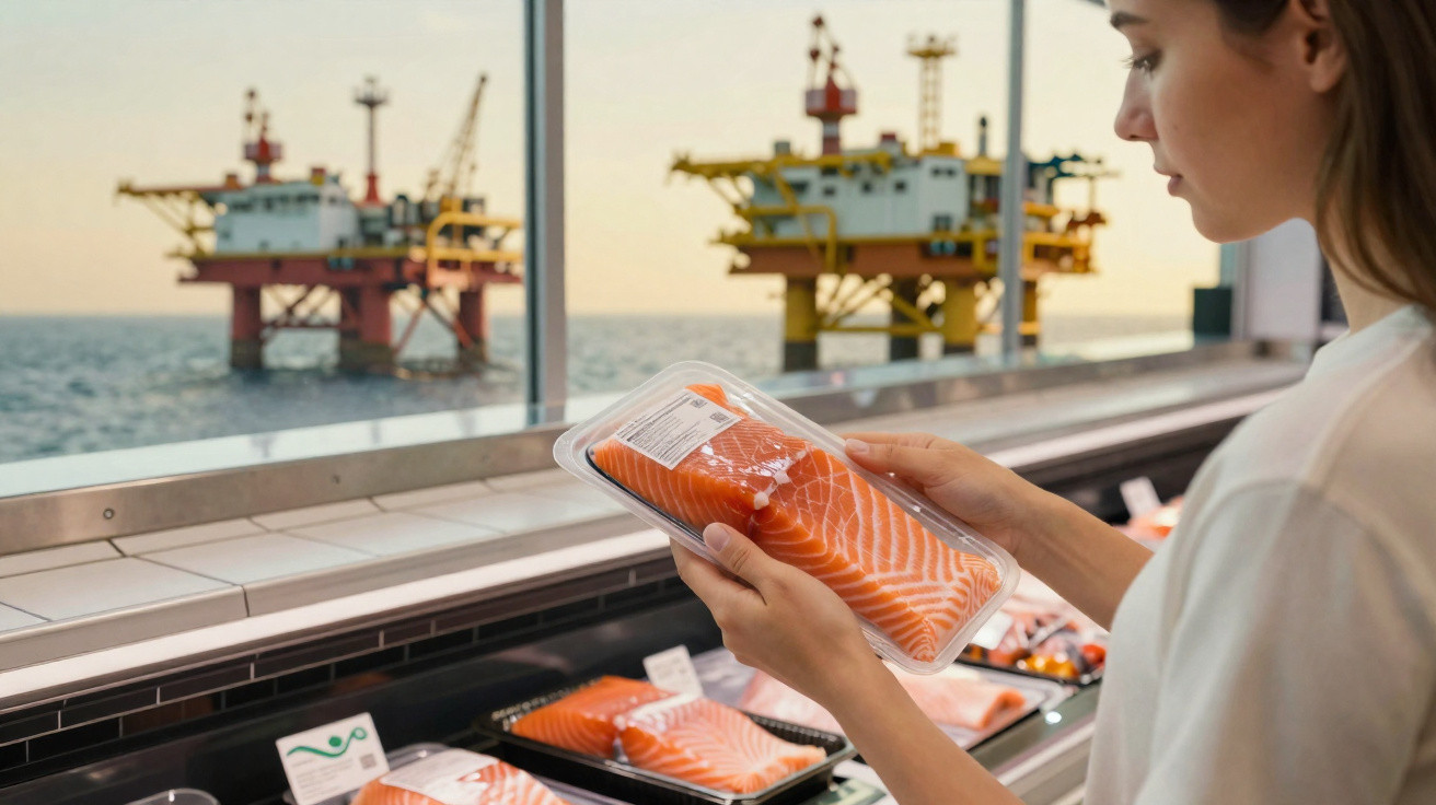 Frau betrachtet verpackten Lachs in Fischtheke mit Blick auf Offshore-Ölplattformen im Meer.