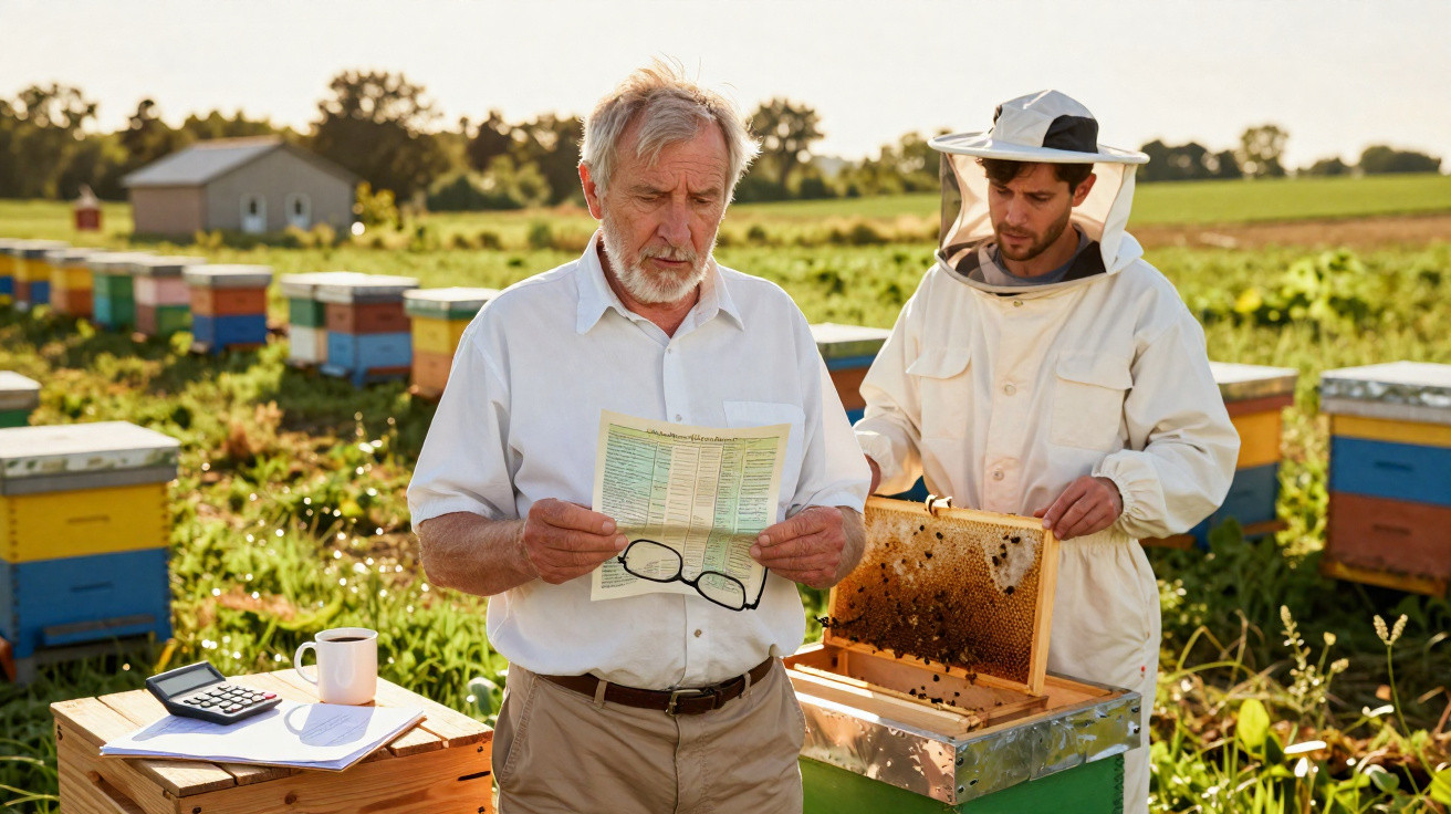 Zwei Imker bei der Arbeit, einer liest Dokument, der andere prüft Bienenstockrahmen im Freien.