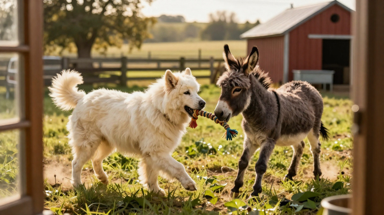 Weißer Hund und grauer Esel spielen gemeinsam mit einem Seilspielzeug draußen auf einer Wiese.