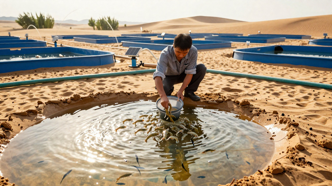 Mann füttert Fische in einem kreisrunden Wasserbecken in einer Wüstenlandschaft mit Solarpanel.