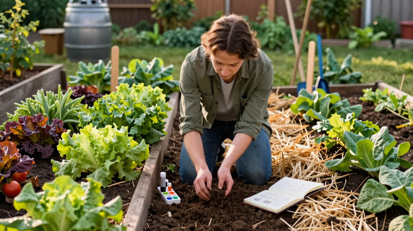 Mann kniet im Hochbeet und bereitet den Boden zum Pflanzen von Gemüse im Garten vor.