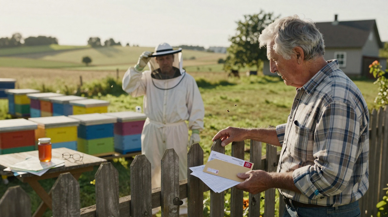 Älterer Mann ohne Schutzkleidung liest Post vor Bienenstöcken, Imker in Schutzanzug steht im Hintergrund.