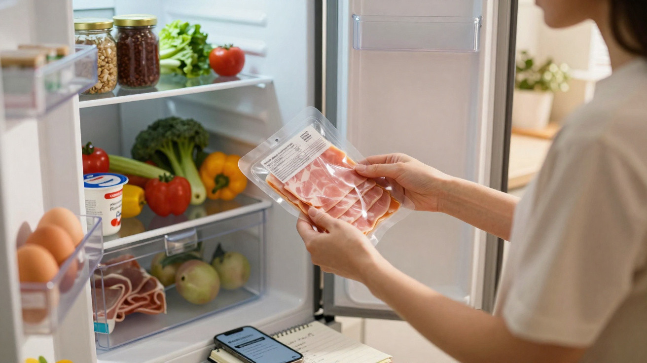 Person hält vakuumverpackten Schinken vor offenem Kühlschrank mit Gemüse und Eiern.