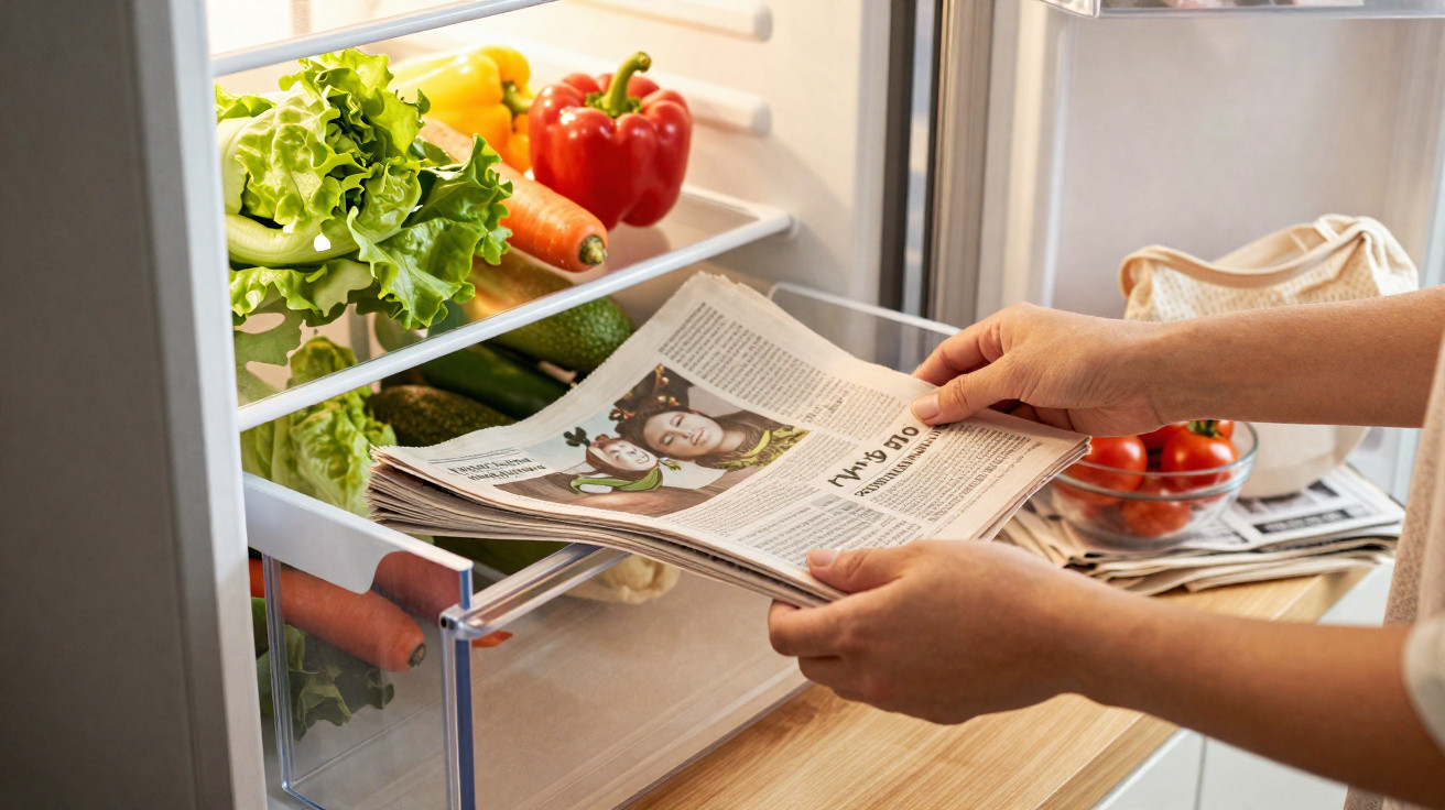 Person legt Zeitung in Kühlschrank mit frischem Gemüse wie Paprika, Salat und Karotten.