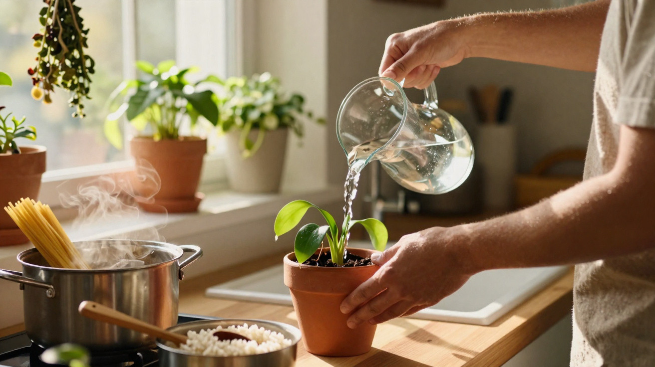Person gießt Wasser aus Glasgefäß in Blumentopf in hell erleuchteter Küche neben kochendem Topf mit Spaghetti.