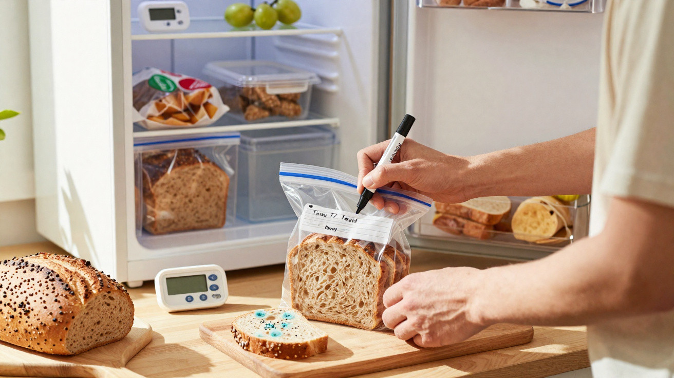 Person beschriftet Gefrierbeutel mit Brot vor geöffnetem kleinen Kühlschrank in Küche.