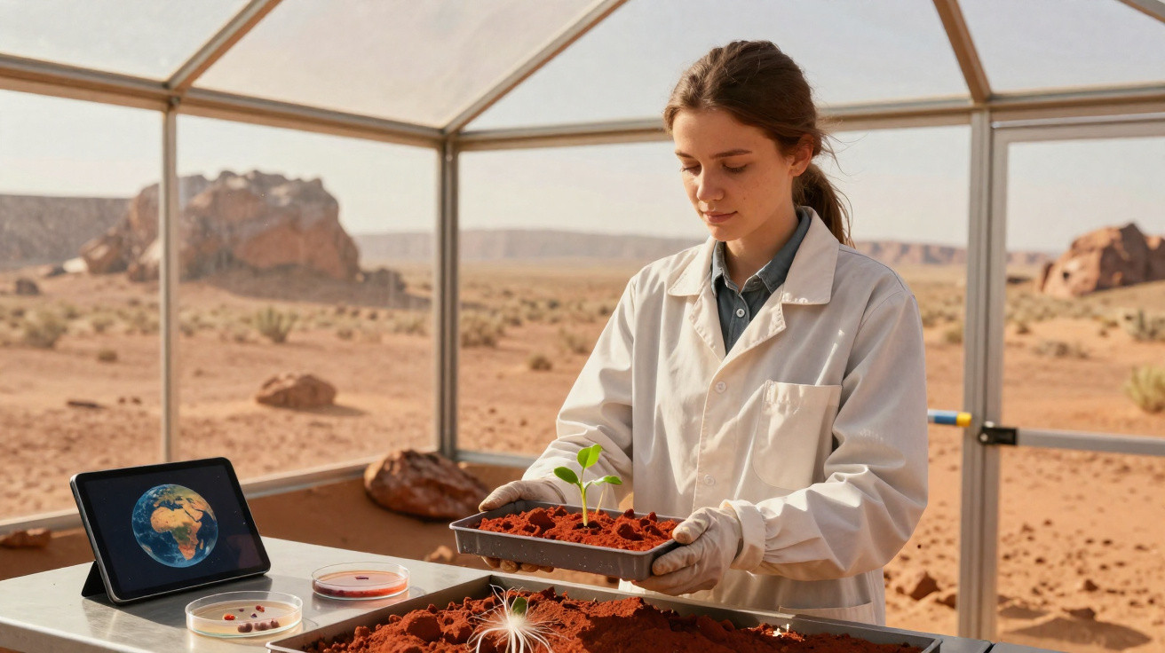 Wissenschaftlerin in Schutzanzug untersucht Pflanze im Gewächshaus auf wüstenartiger Mars-ähnlicher Landschaft.