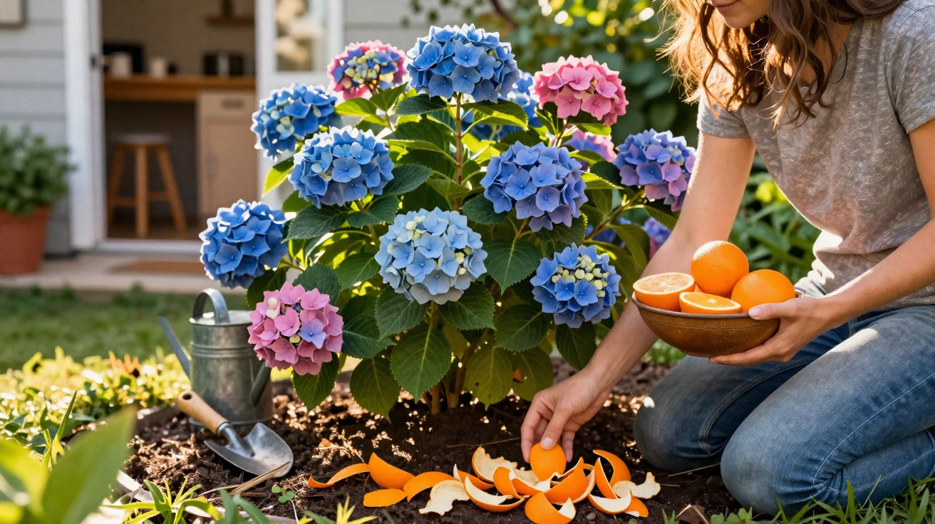 Frau pflückt Orangen im Garten neben blühender Hortensie mit blauen und rosa Blüten.