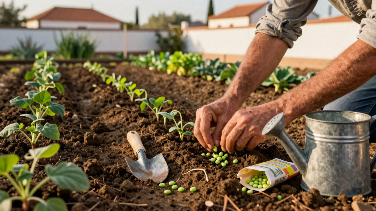 Person pflanzt grüne Samen in vorbereiteten Gemüsegarten mit Gießkanne und Gartenkelle nebenan.