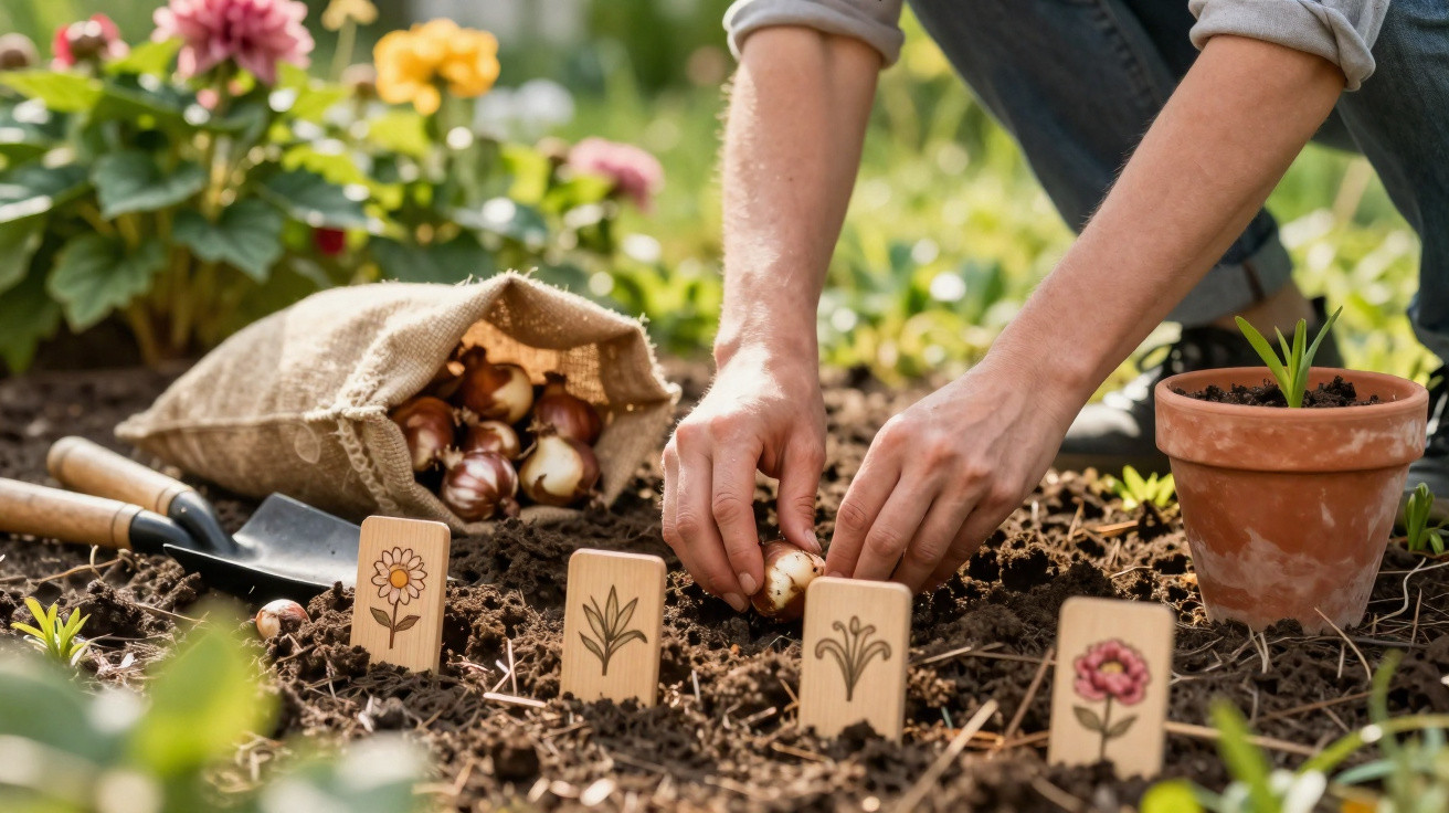 Person pflanzt Blumenzwiebeln im Garten, neben Gartenwerkzeugen und gepflanzten Pflanzenmarkierungen.