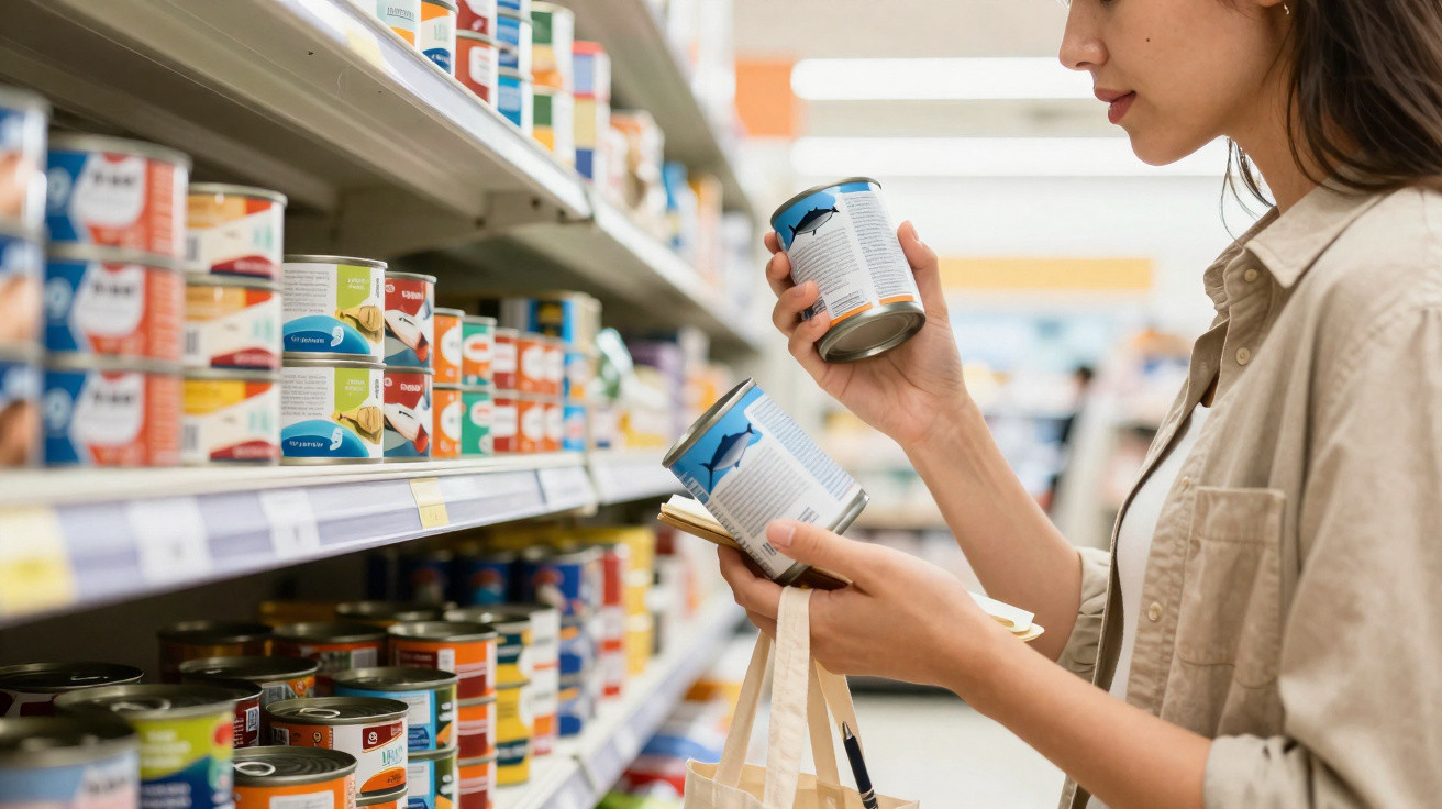 Frau vergleicht zwei Dosen im Supermarktregal beim Einkaufen mit Stofftasche in der Hand.