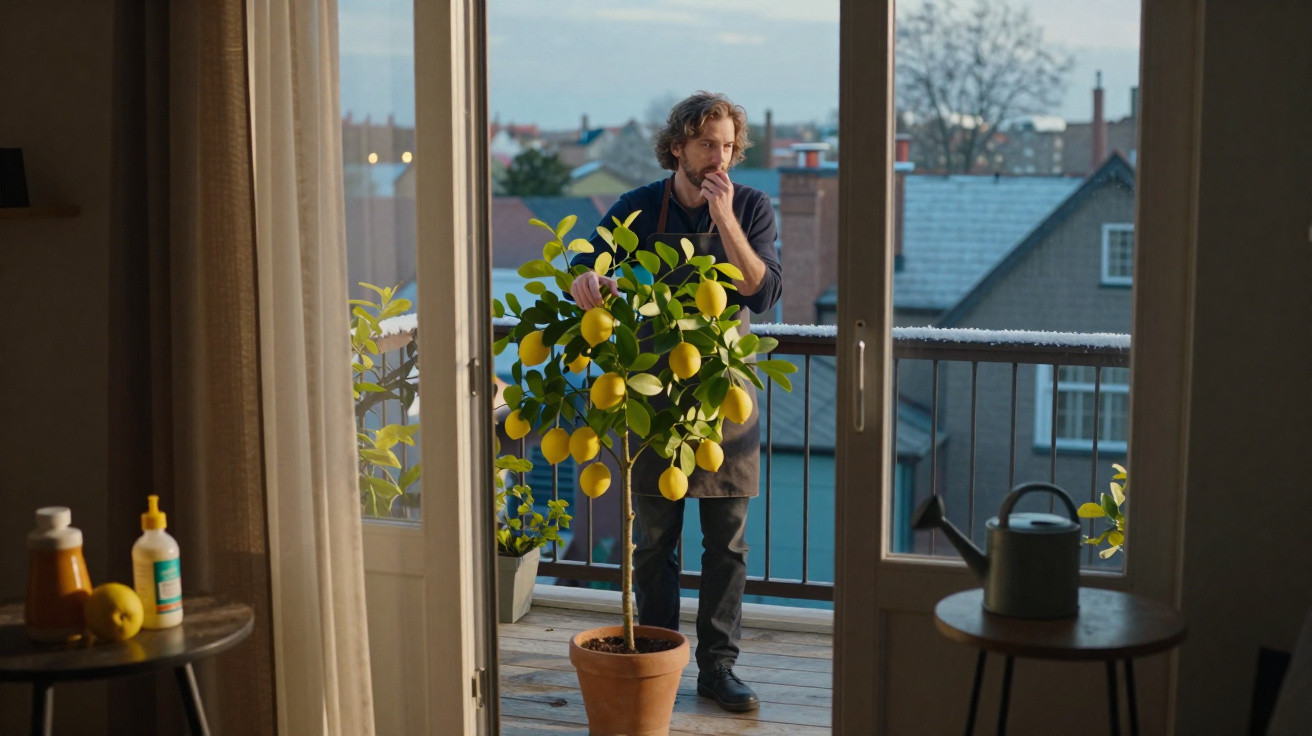 Mann steht auf Balkon und riecht an einer Topf-Zitrone, umgeben von urbaner Wohn Umgebung.