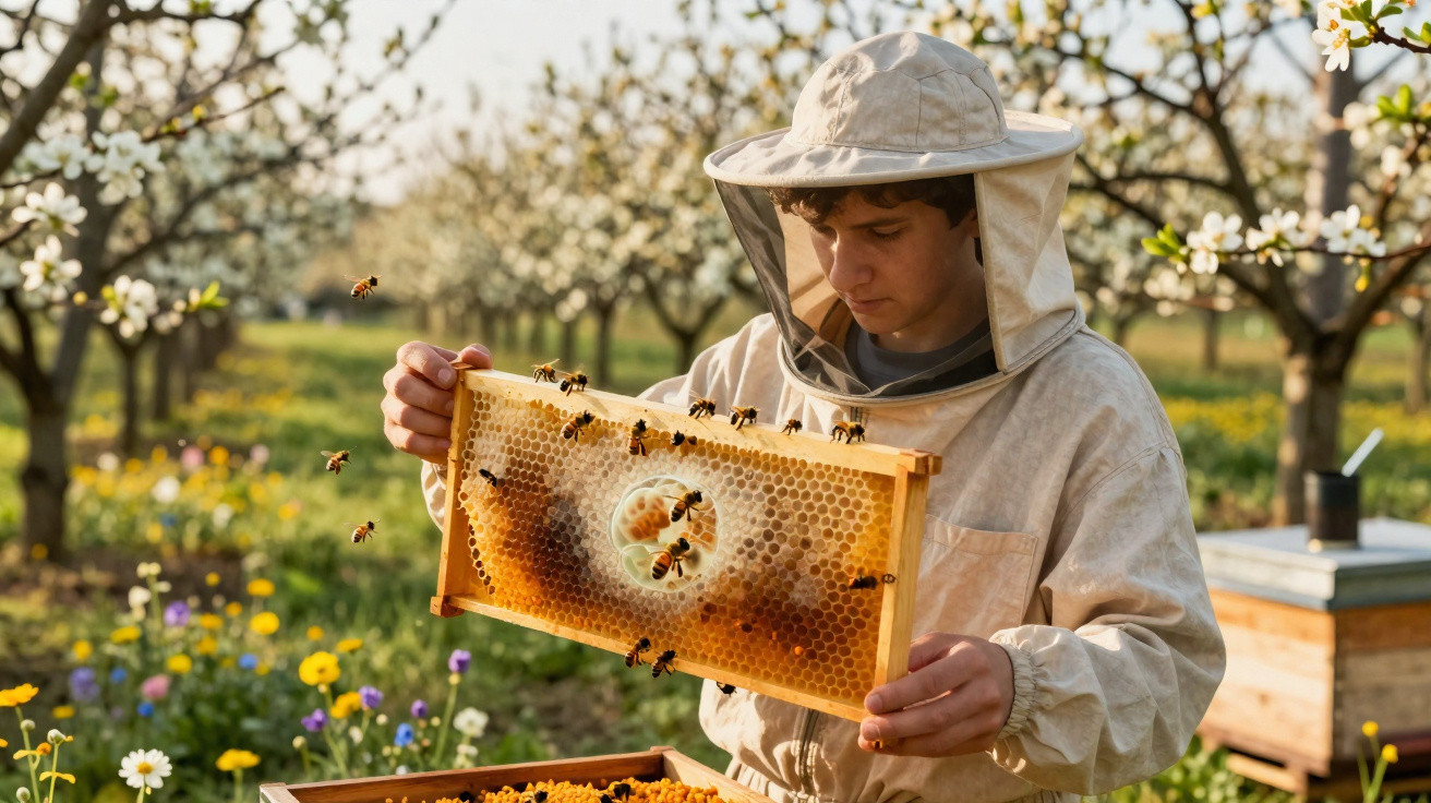 Imker in Schutzkleidung hält Bienenwabe mit Bienen in einem blühenden Obstgarten.