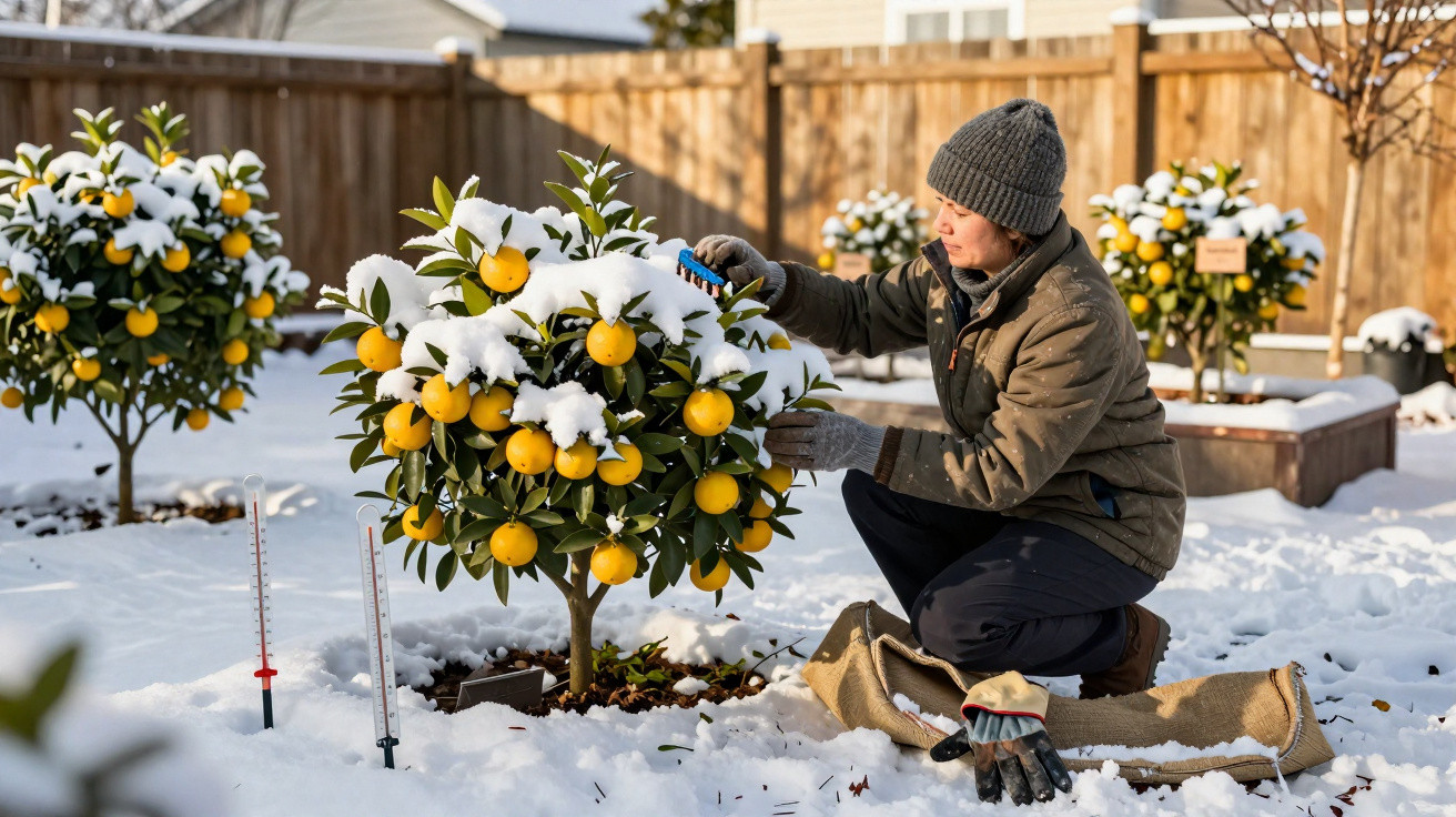 Person mit Winterkleidung schneit Schnee von Zitrusbäumchen in verschneitem Garten ab.