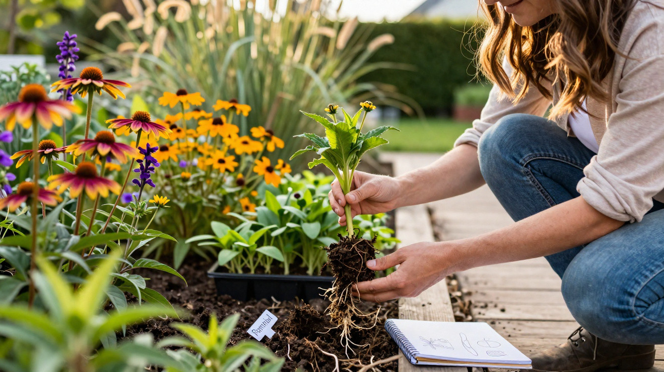 Frau pflanzt Setzling in einem Gartenbeet, umgeben von bunten Blumen bei sonnigem Wetter.
