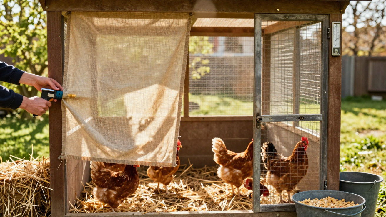 Hühner im Freilauf im Holzgehege mit Strohboden und Futtereimer an sonnigem Tag.