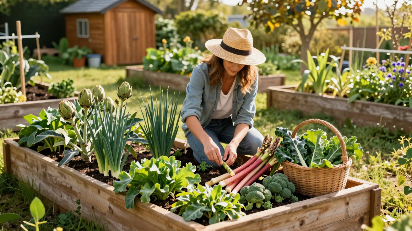 Frau mit Strohhut erntet frisches Gemüse in einem Hochbeet in sonnigem Garten mit Gartenhaus im Hintergrund.