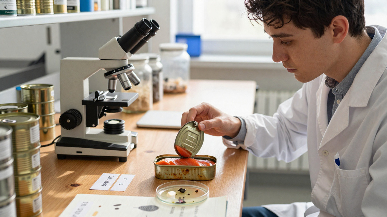 Junger Wissenschaftler in Labor öffnet Dose mit Lebensmittelproben für mikroskopische Untersuchung.