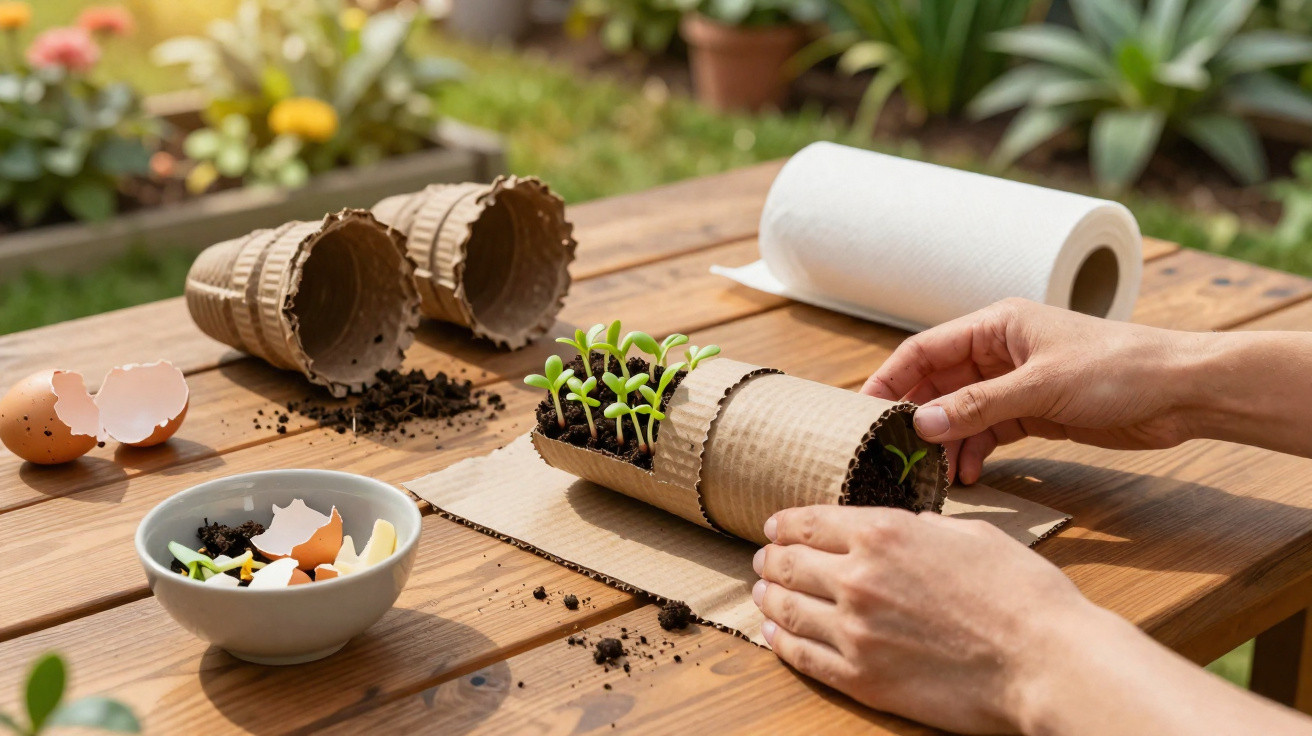 Hände rollen Bambustöpfe mit jungen Pflanzensetzlingen auf einem Holztisch im Garten zusammen.