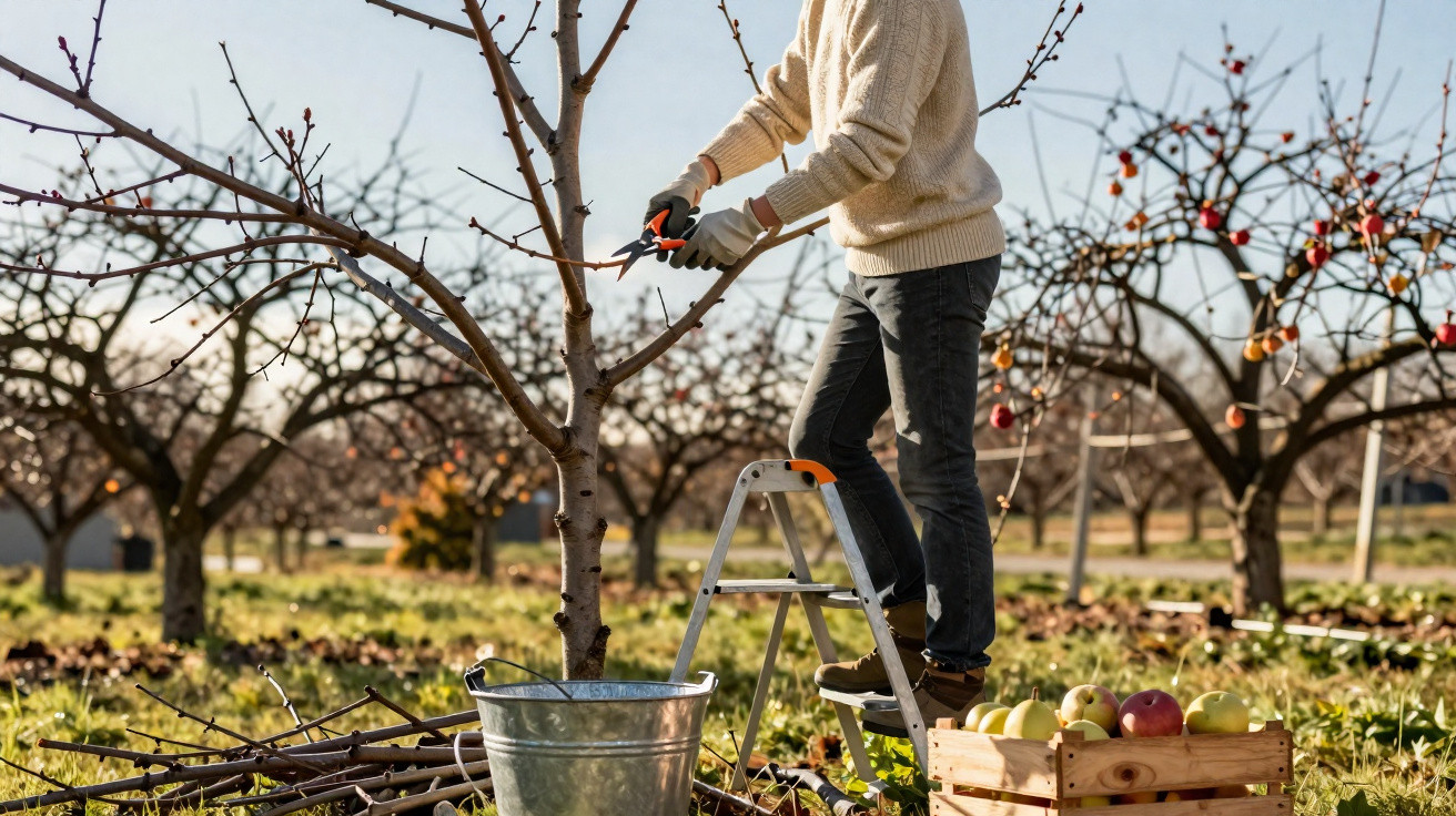 Person schneidet auf Leiter Äste eines Baums in Obstgarten bei sonnigem Herbstwetter.