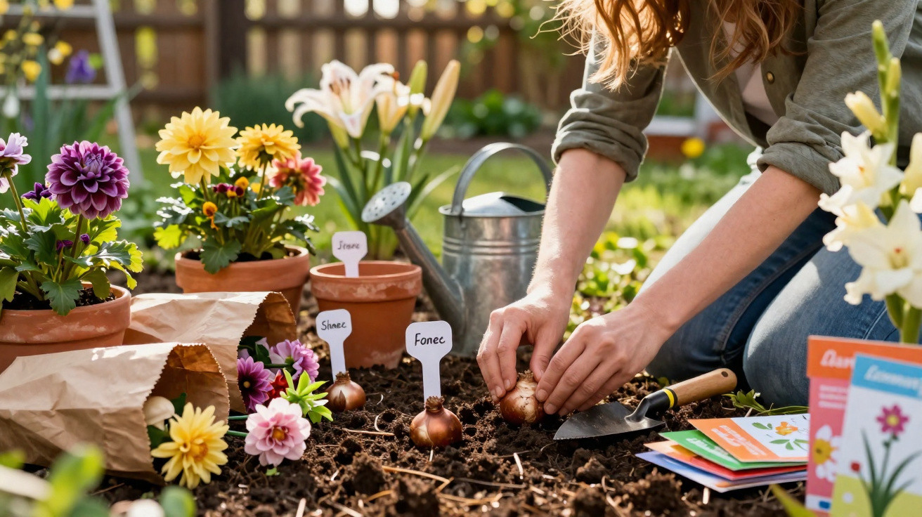 Frau pflanzt Blumenzwiebeln in Gartenbeet, umgeben von Blumentöpfen und Saatgutpaketen.