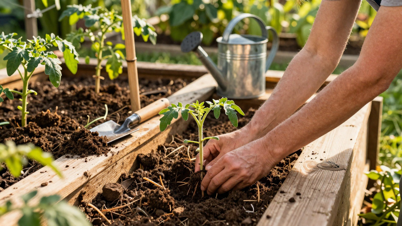 Person pflanzt junge Tomatenpflanze in Hochbeet, Gießkanne und Gartenwerkzeug liegen bereit.