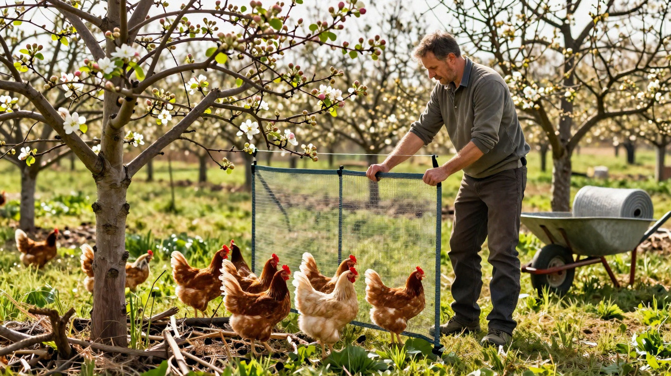 Mann öffnet Zaun in blühendem Obstgarten, um Hühner ins Gras laufen zu lassen, Schubkarre im Hintergrund.