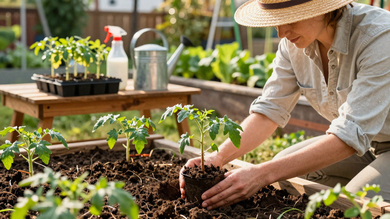 Frau mit Strohhut pflanzt Tomatenjungpflanzen in Hochbeet in sonnigem Garten um.
