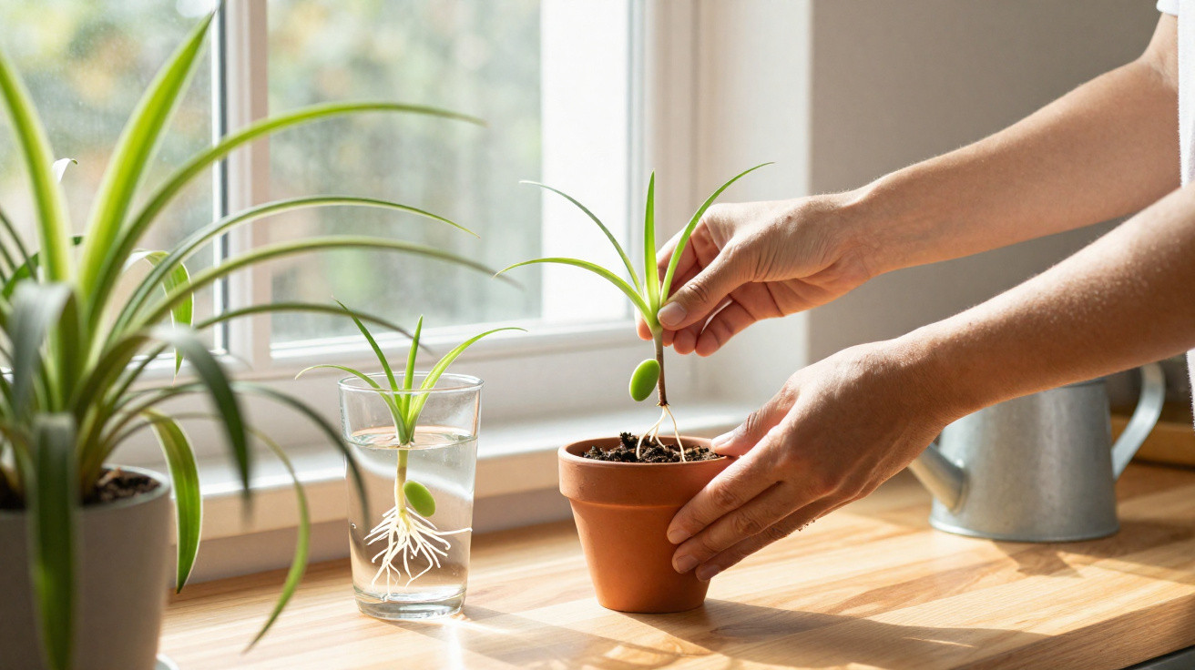 Hände pflanzen Ableger einer Grünpflanze in einen Blumentopf auf der Fensterbank neben Glas mit Wasser.