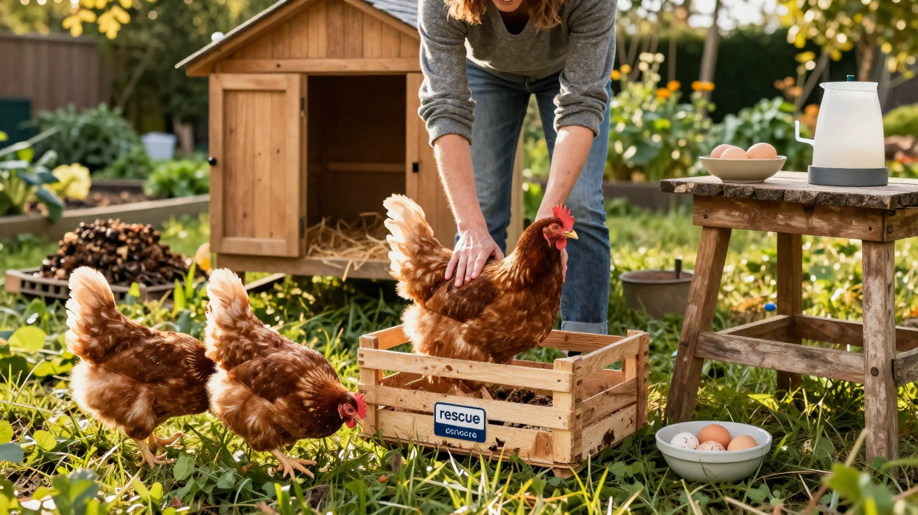 Frau setzt Huhn in Holzkiste im Garten, zwei Hühner picken Gras, Schale mit Eiern und Hühnerstall im Hintergrund.