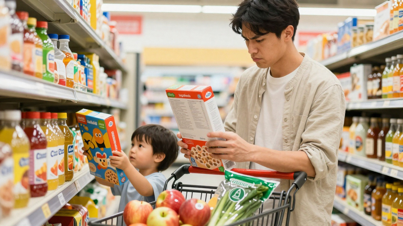 Vater und Sohn vergleichen Müslipackungen im Supermarktgang mit Einkaufswagen voller Lebensmittel.