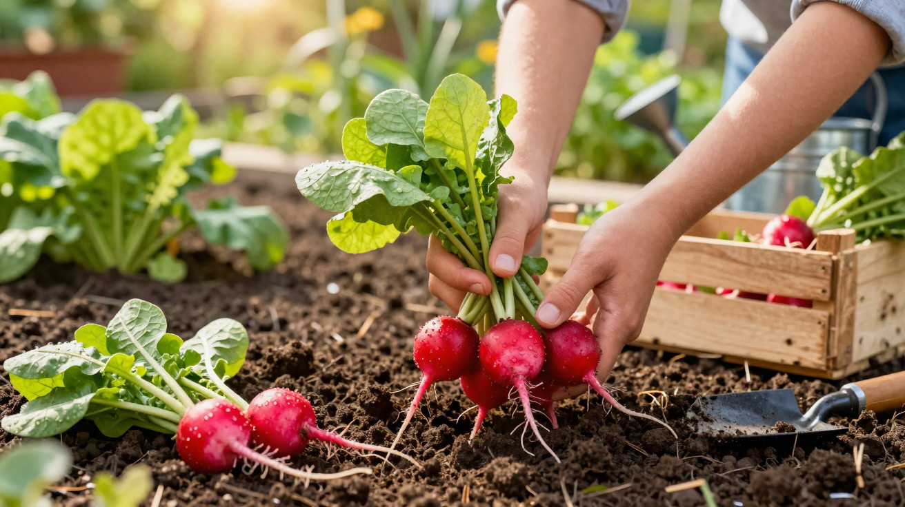 Person erntet frische Radieschen im Garten aus dunkler Erde, Holzkiste und Gartenschaufel im Hintergrund.