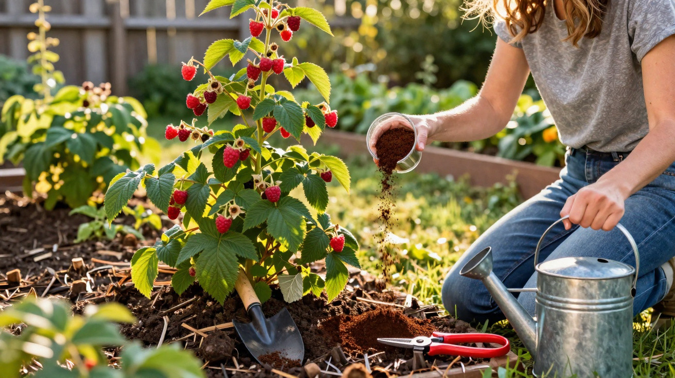 Frau gießt Kaffee als Dünger neben Himbeerstrauch im Garten, Gartengeräte liegen auf Erde.