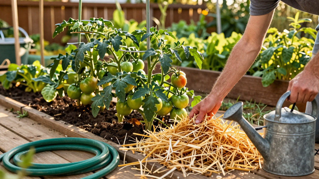 Person mulcht um junge Tomatenpflanzen in einem Hochbeet im sonnenbeschienenen Garten.