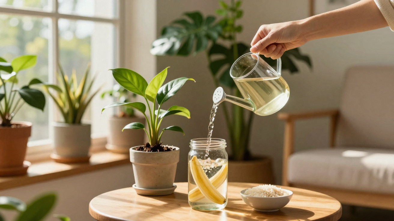 Hand gießt Wasser in Glas mit Zitronenscheiben, umgeben von Zimmerpflanzen auf einem Holztisch.