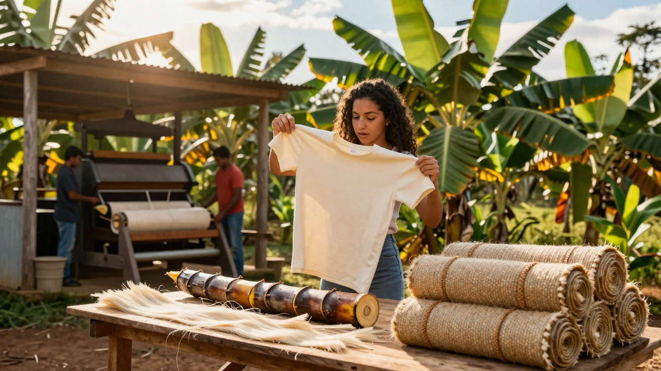 Frau hält T-Shirt, umgeben von Bananenpflanzen, mit Bambus und gewebten Matten auf Holztisch.