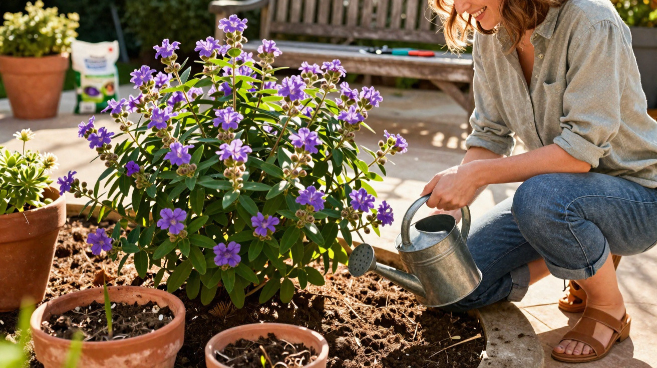 Frau gießt Blumen mit lila Blüten im Garten, umgeben von Blumentöpfen und Gartenbank im Hintergrund.
