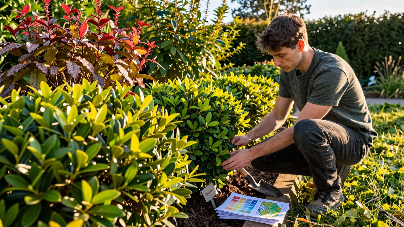 Junger Mann kniet im Garten und überprüft Pflanzen mit Farbkarten und Gartenplan.
