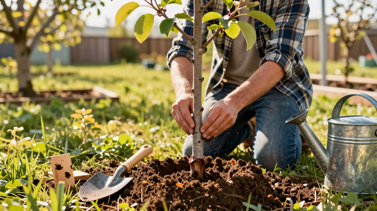Person pflanzt jungen Baum im Garten, umgeben von Gartengeräten bei sonnigem Wetter.