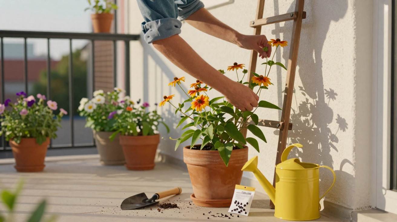 Person pflegt blühende Blumen im Terrakottatopf auf Balkon neben Gießkanne und Samenpaket.