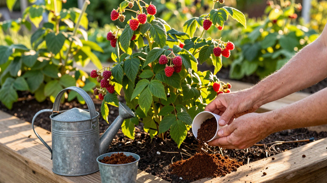 Hände geben Erde in Hochbeet neben Himbeerpflanze, Gießkanne und Blumentopf stehen bereit.