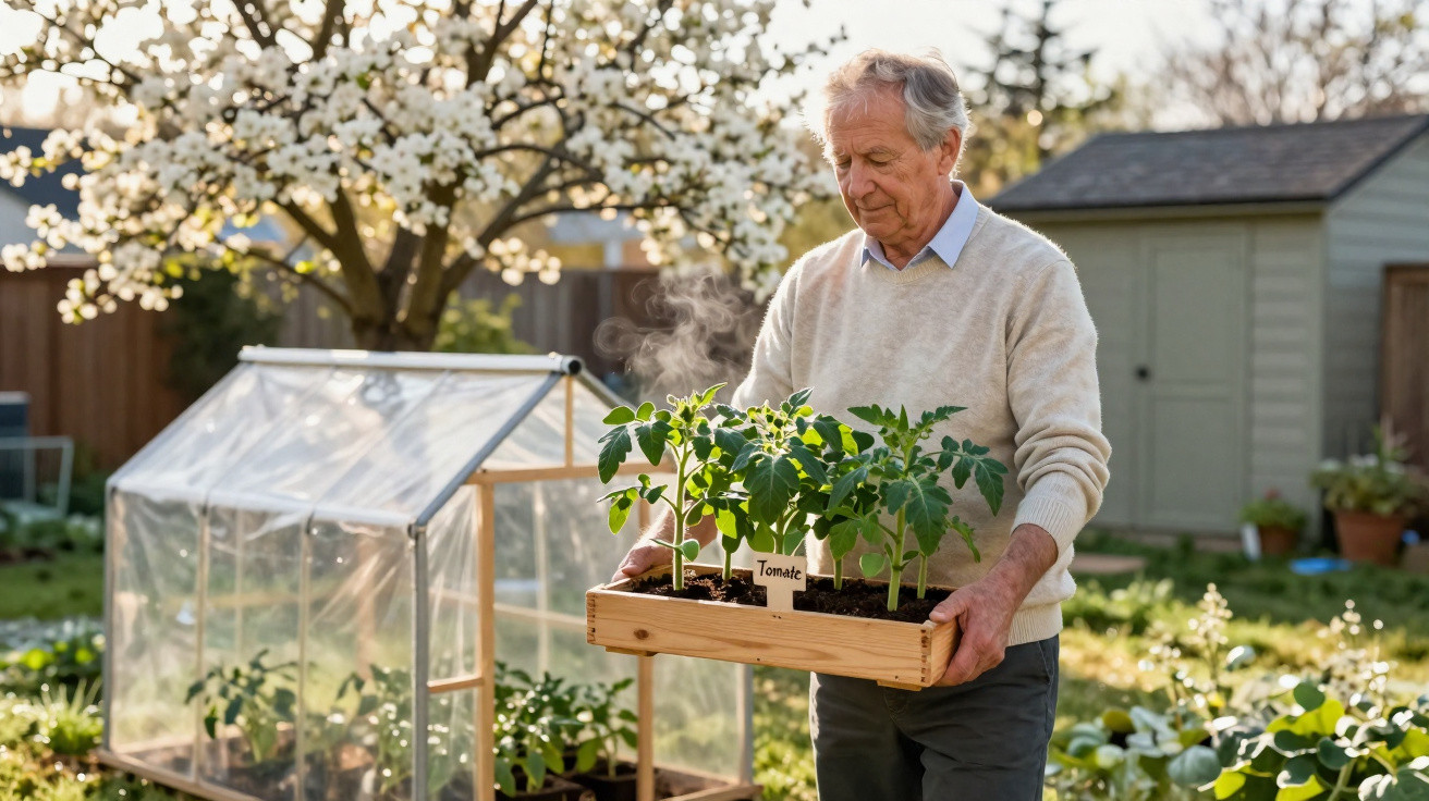 Älterer Mann trägt eine Holzkiste mit Tomatenpflanzen in einem sonnigen Garten mit Gewächshaus.