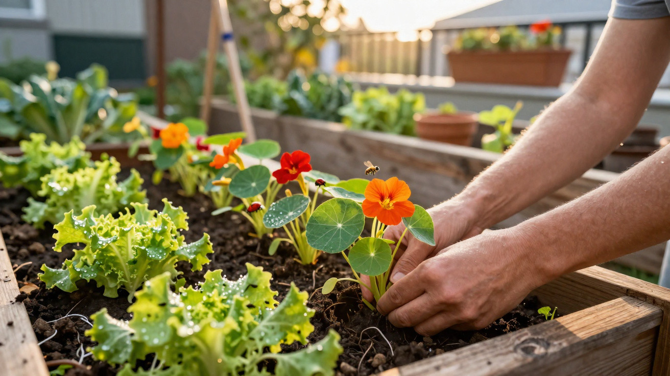 Hände pflanzen orange Blüten in Hochbeet mit Salat und frischer Erde auf Balkon oder Terrasse.
