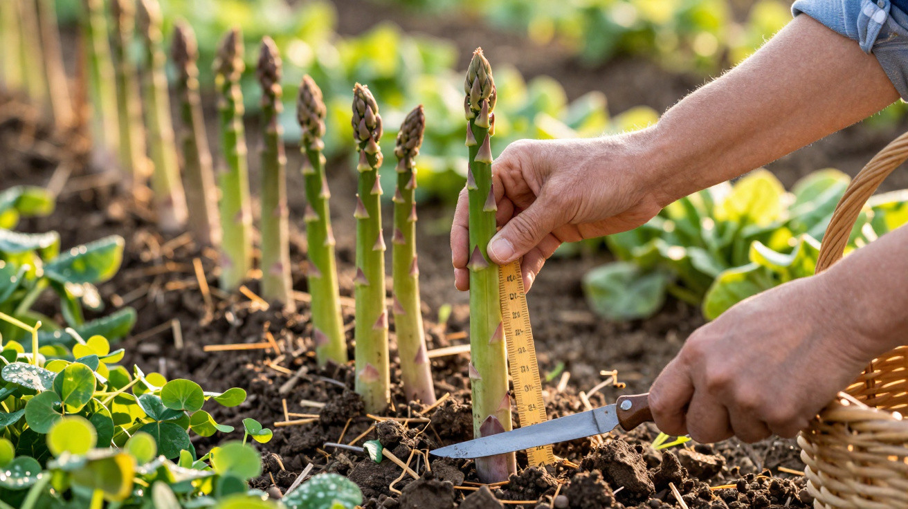 Person misst grünen Spargel mit Lineal und bereitet ihn mit Messer zum Ernten im Garten vor.