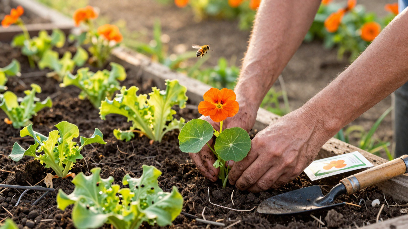 Hände pflanzen eine orange Blume in ein Hochbeet, Biene fliegt darüber, Salatpflanzen im Boden.