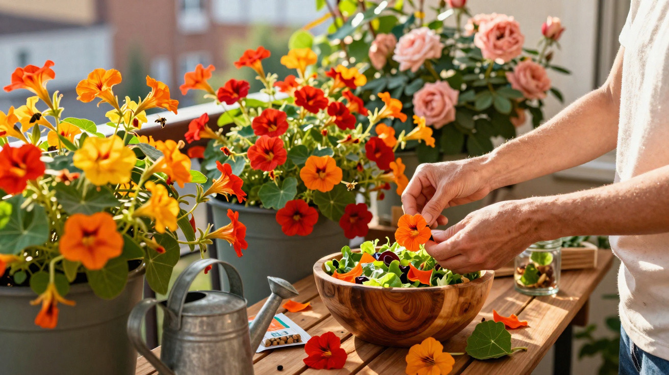 Person pflückt essbare Blüten von Kapuzinerkresse für einen Salat auf einem sonnigen Balkon.