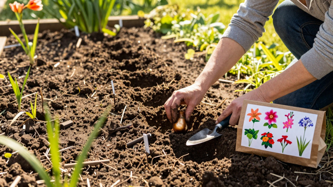 Person pflanzt Blumenzwiebel in vorbereitetes Beet mit Samenpackung und Pflanzlöchern im Boden.