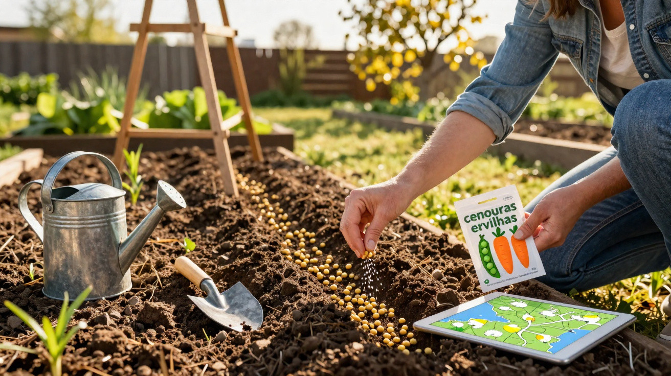 Person sät gelbe Samen in Reihen im Gartenbeet, daneben Gießkanne, Gartenwerkzeug und Tablet mit Gartenplan.